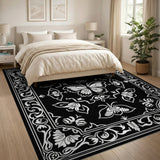 Ornate Black White Butterfly Floral Area Rug