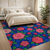 Swirling Pink Roses on Navy Floral Area Rug