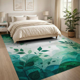 ODIKA Botanical Green Watercolor Leaf Washable Rug - Low Pile Non-Slip Area Rug