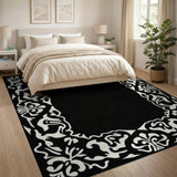 Black and White Ornate Black White Floral Border Rug