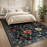 Navy Persian Poppy Vine Floral Rug