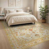 Ivory Traditional Persian Rug with Gold Border Red Florals