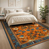 Vibrant Orange Persian Area Rug with Blue Motifs