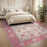 Vintage Pink Floral Area Rug on Cream