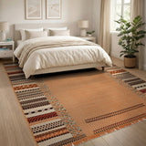 Tan Flatweave Area Rug with Multi-Color Striped Borders Fringes
