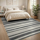 Distressed Vintage Black White Striped Woven Area Rug