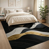 Washable Modern Black & Gold Abstract Wave Area Rug