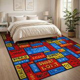Vibrant Geometric Text Chaos Area Rug