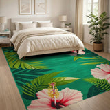 Pink Hibiscus Flower Teal Green Area Rug