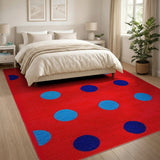 Vibrant Red Polka Dot Area Rug with Blue Circles