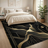 Midnight Gold Waves Abstract Area Rug
