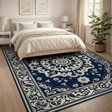 Traditional Persian Blue and Teal Navy Blue Ivory Traditional Persian Area Rug