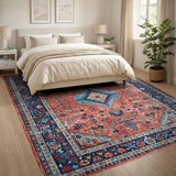 Vibrant Red Persian Area Rug with Blue Border