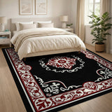 Ornate Black Persian Medallion Rug with Red Borders
