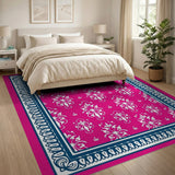 Pink Damask Floral Area Rug with Navy Border