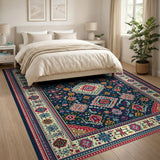 Navy Persian Area Rug with Vibrant Multi-Color Motifs