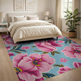 Vintage Pink Peony Floral Teal Area Rug