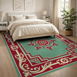 Teal Persian Medallion Area Rug with Red Border
