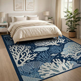 Coastal Beach Navy Blue Coral Reef Fish Area Rug