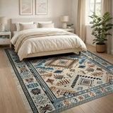 Cream Blue Teal Geometric Heritage Tribal Rug