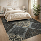 Elegant Grey Gold Lace Mandala Area Rug
