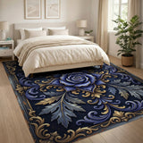 Ornate Navy Blue Rose Baroque Area Rug
