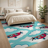 Cartoon Red Airplane Clouds Area Rug