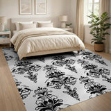 Black and White Ornate Black Damask Floral Area Rug