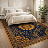 Navy Blue Persian Area Rug with Orange Floral Motifs