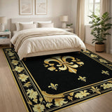 ODIKA Washable Gold Fleur-de-lis Black Ornate Baroque Area Rug