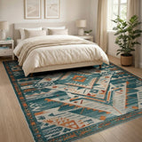 Blue and Teal Teal Orange Geometric Southwestern Area Rug