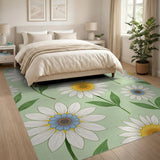 White Daisy Floral Area Rug on Mint Green