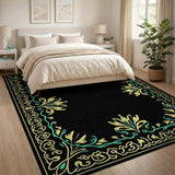 Black Area Rug with Ornate Gold Teal Persian Border