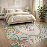 Ornate Pink Teal Floral Oval Medallion Rug
