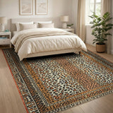 Vibrant Orange Leopard Print Area Rug with Tribal Borders