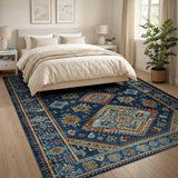 Blue and Teal Navy Blue Heritage Tribal Geometric Area Rug
