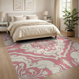 Elegant Pink Damask Floral Pink Area Rug
