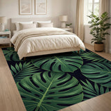Vibrant Green Monstera Leaves Area Rug on Black