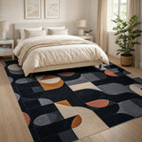Geometric Modern Black Rug with Grey Orange Shapes