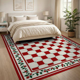 Red Checkered Area Rug with Rose Vine Border