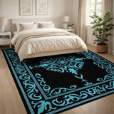 Teal Ornate Medallion Black Area Rug