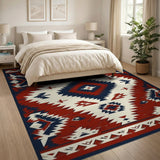 ODIKA Southwestern Geometric Washable Area Rug - Red & Navy Blue Low Pile Non-Slip Carpet