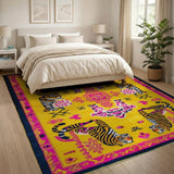 Vibrant Yellow Tiger Rug with Pink Tribal Motifs