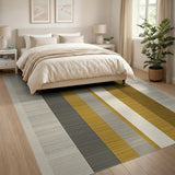 Modern Vertical Striped Grey Beige Mustard Area Rug