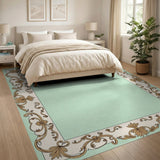 Mint Green Rug with Ornate Gold Floral Border