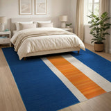 Navy Blue Orange Cream Striped Area Rug