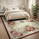 ODIKA Washable Traditional Floral Area Rug - Non-Slip Low Pile Vintage Cream & Burgundy Rug