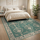 Ornate Teal Persian Area Rug with Ivory Motifs