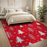Festive White Christmas Trees Snowflakes Red Area Rug