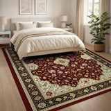 ODIKA Washable Traditional Vintage Oriental Rug - Burgundy & Cream Low Pile Non-Slip Area Rug